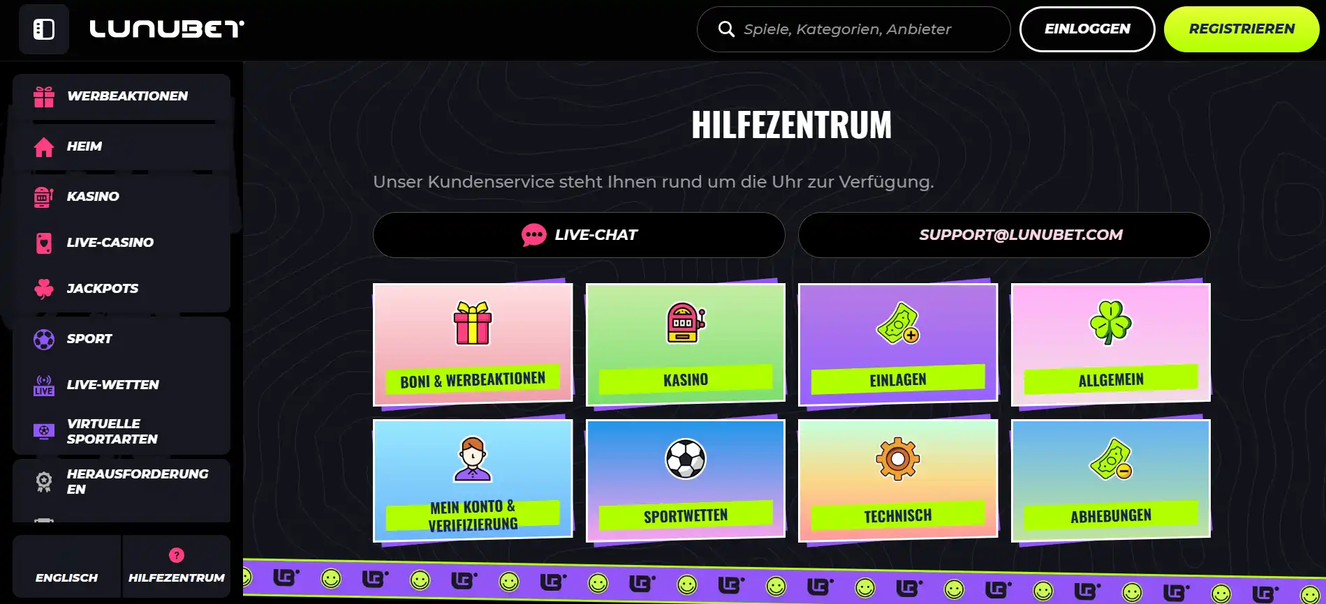 Hilfebereich mit Navigation zu Kontofragen und Servicekategorien