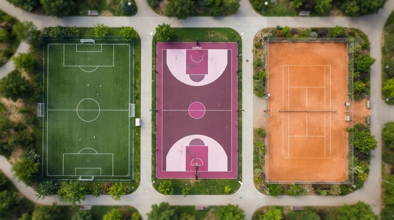 Drei unterschiedlich markierte Sportplätze in einer weiten Luftaufnahme