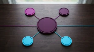 Sachliches Netzwerk aus verbundenen Kreisen und Linien für Unternehmensnamen und Internetadressen