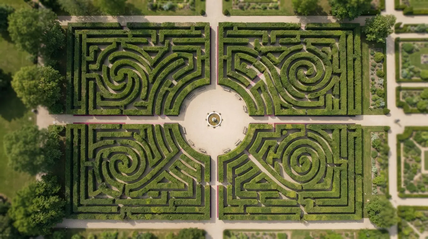 Labyrinth aus niedrigen Hecken mit verschlungenen Wegen und offenem Zentrum