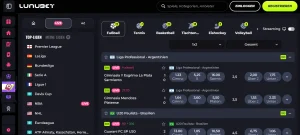 Hauptnavigation von Lunubet mit dem Menüpunkt Live-Wetten