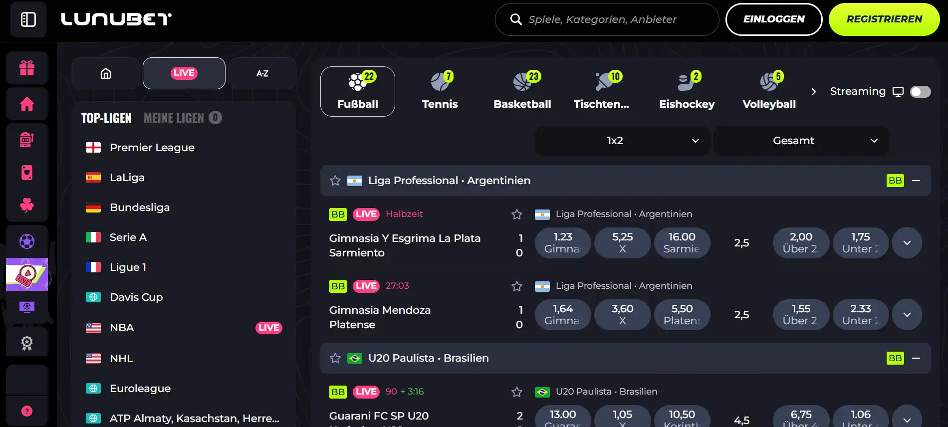 Hauptnavigation von Lunubet mit dem Menüpunkt Live-Wetten