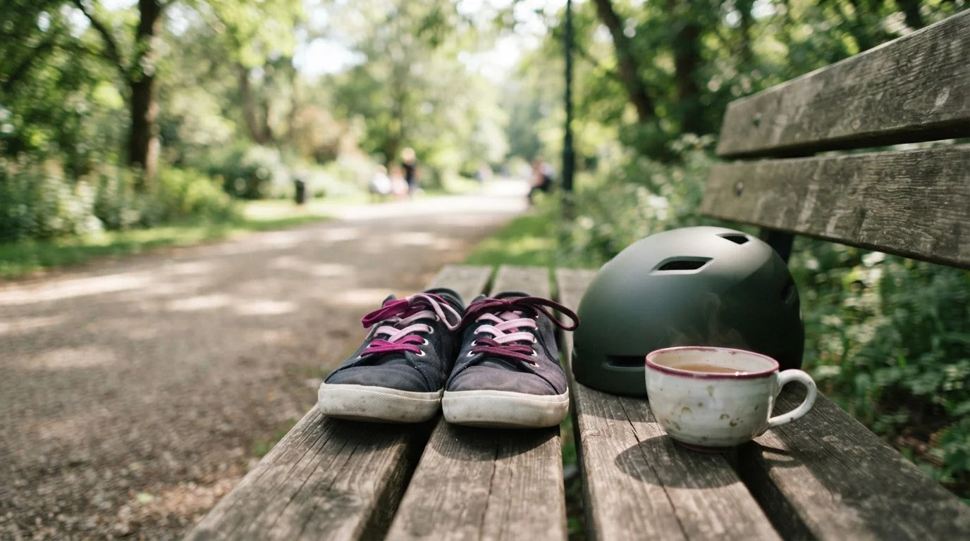 Abgestellte Sportschuhe und Fahrradhelm neben einer schlichten Tasse auf einer Bank